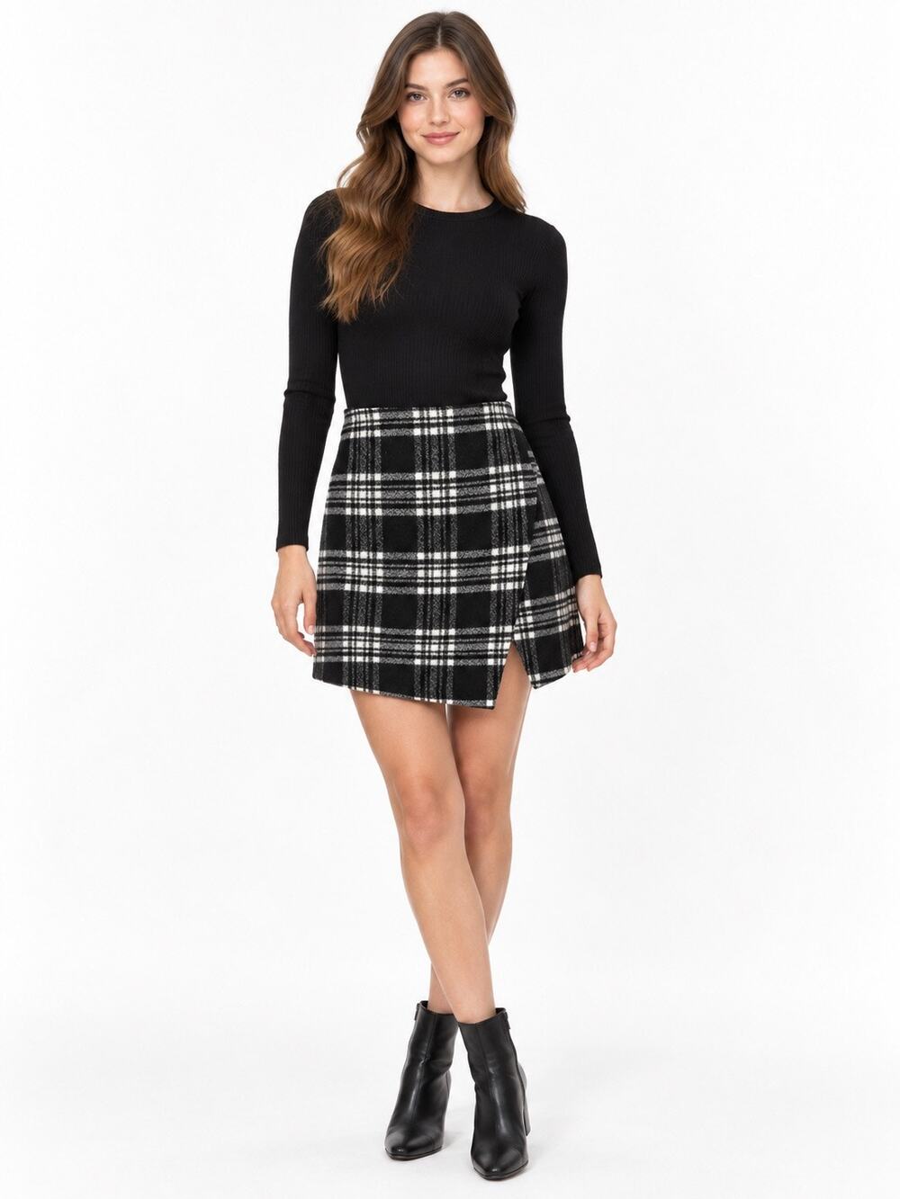 Abercrombie & Fitch Black & White Plaid Textured Wool Blend Wrap Mini Skirt